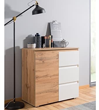 möbelando Kommode Standschrank Anrichte Highboard Sideboard Schrank Holz Flur Ravenna II Honig-Eiche/Weiß