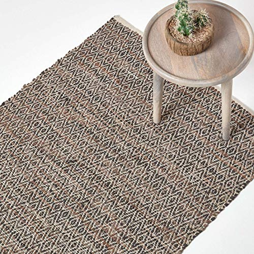 HOMESCAPES Brown Genuine Leather Rug Handwoven Diamond Design Recycled Eco Friendly Real Leather Rug, 150 x 240 cm