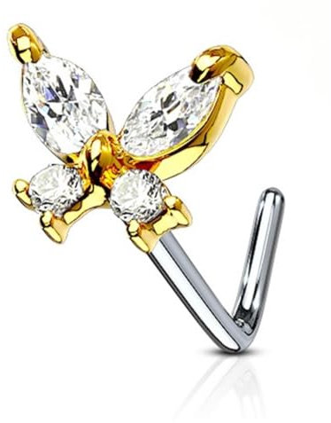 Tapsi´s Coolbodyart® Nasenpiercing L Stecker Gebogen Chirurgenstahl 316L Gold Zirkonia Schmetterling Klar