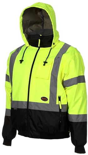 Pioneer Hi Vis Safety Bomber for Men - Waterproof, Reflective, ANSI Class 3, Winter Rain Jacket with Detachable Hood