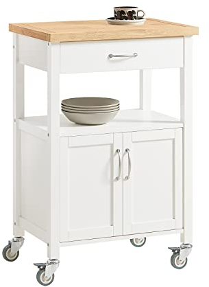 SoBuy Küchenwagen mit Arbeitsplatte Servierwagen mit Rollen Beistelltisch Holz Rollwagen Küchenregal stehend Vielseitiger Küchenschrank für Küche, Outdoor & Schlafzimmer Weiß 60x92x45cm FKW22-WN