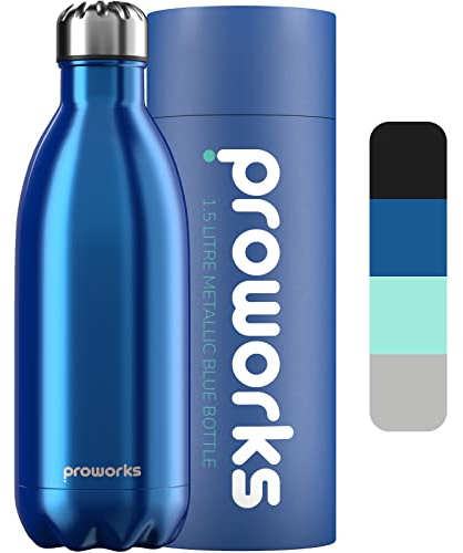 PROWORKS Bouteille d'eau Isotherme, sans BPA, Gourde INOX Reutilisable pour Maintien Chaud de 12 Heures & du Froid Jusqu’à 24 Heures, pour Sport, Gym, Voyage - 1.5 Litre - Bleu