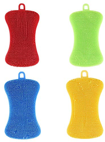 baixikly Dish Sponge Silicone Sponge Washing Up Sponge 4 Pieces Multipurpose Dish Washing Brush Scrubber Cleaning Sponges for Dish Pan Pot Vegetable Fruits Silver