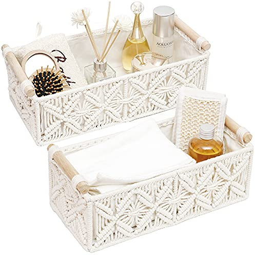 HOSROOME Lot de 2 paniers de rangement en macramé de style bohème pour organiser - Panier décoratif tissé pour comptoir - Panier à papier toilette pour débardeur, décoration d'intérieur, chambre à