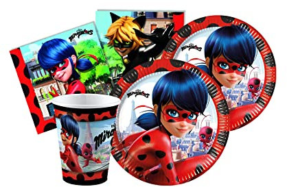 Isola Party Kit festa di compleanno a tema Miraculous Lady Bug per 8 persone eco-friendly (8 piatti ⌀ 23 cm, 8 bicchieri 250 ml, 20 tovaglioli 33x33 cm)