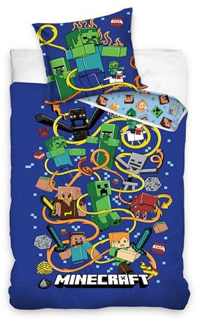 Familando Wende Bettwäsche-Set mit Minecraft Motiv Slurp · Bettwäsche für Jungen in 135x200 80x80 cm aus 100% Baumwolle mit Reißverschluss · Gaming Motiv Craft Blöcke TNT und Spitzhacke Blau
