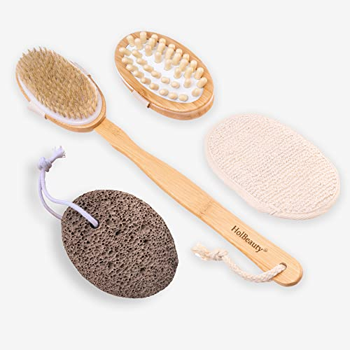 Holesto® Körperbürsten-Set [5-teilig] – Duschbürste & Massagebürste mit Luffaschwamm & Bimsstein – Abnehmbarer Bambusgriff – Peeling- & Cellulite-Bürsten für glatte Haut – Geschenk für Frauen