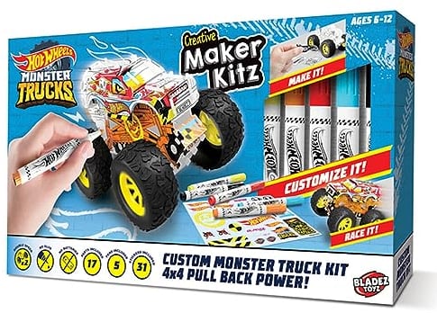 BLADEZ Hot Wheels Toyz Make Your Own Monster Truck - Art Set For Kids 6-12 with Markers & Stunt Ramp - Hotwheels Kit for Play - Kids Colouring Sets & STEM Learning - Customizable & Eco-Friendly