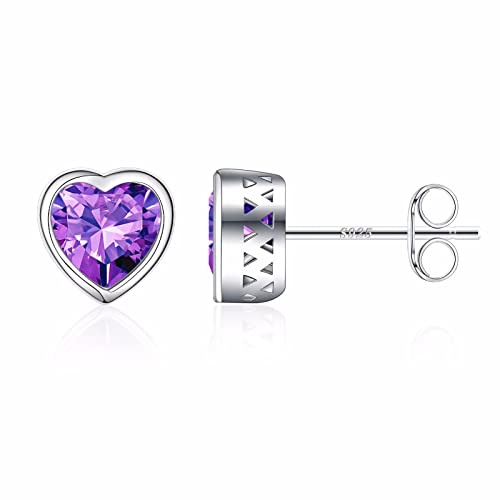 S925 Sterling Silber Birstone Ohrstecker für Frauen Herz Geburtsstein Ohrstecker für Frauen Teen Mädchen Sterling Silber Amethyst