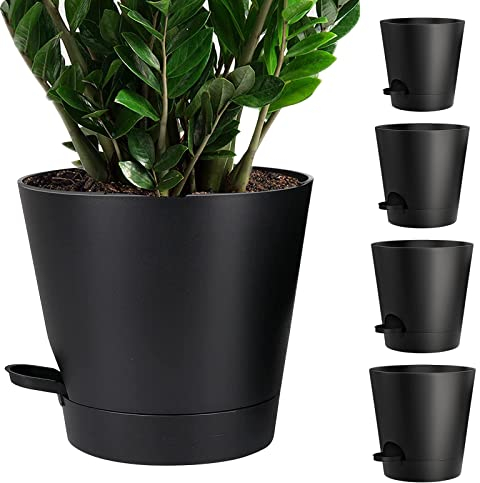 Kunststoff Blumentopf mit Bewässerungssystem, 5er-Set Selbstbewässerung Übertopf mit Untersetzer, Pflanztöpfe für Innen und Balkon Garten Pflanzen Sukkulenten Kaktus (Weiß)