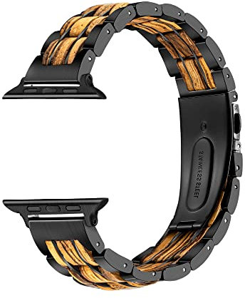 Holz & Edelstahl Band kompatibel mit Apple Watch 45 mm 44 mm 42 mm, Holzglieder-Uhrenarmband für Herren, Apple Watch Armband Ersatz SE Serie 4 5 6 7 (42/44 mm, Stil 3)