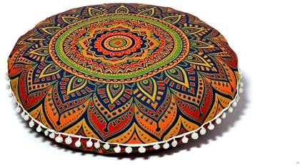 Runder Mandala-Bodenkissenbezug, Sitzkissen, Überwurf, Ottomane, Pouf, Pouf, Bezug, Pompon, Hippie, dekorativ, Bohemian, Boho, Indisch, 55,9 cm, Blau