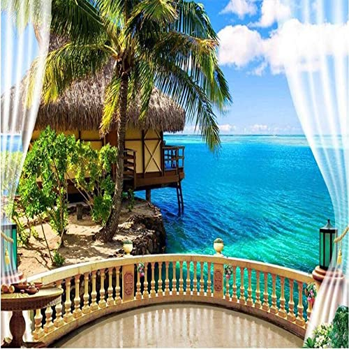 3D Wandbild Tapete HD Balkon Fenster Strand Meer Hütte Urlaub Kulisse Benutzerdefinierte Seide Fototapete Papel De Parede