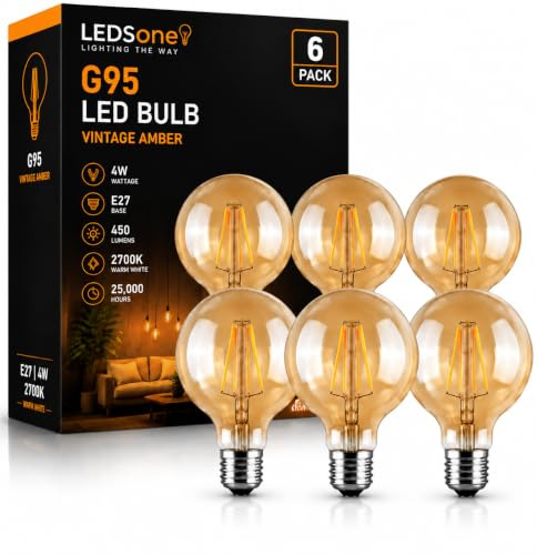 LEDSone Pack 6 | LED E27 Vintage Edison Bulb, G95 Dimmable 4W (40W Equivalent) LED Filament Screw Amber Globe Glass Warm White 2700K Energy Saving Lighting Decorative, [Energy Class A]