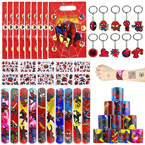 Sacchetti di ragno per bambini, ragazzi, ragazze, 40 pezzi a tema ragno rosso assortiti giocattoli riempitivi per pinata con bande di schiaffi, adesivi portachiavi, regalo di compleanno, Halloween
