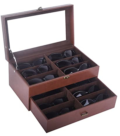 AUTOARK Aufbewahrungsbox für Brillen und Sonnenbrillen,Aus Leder und Samt,Transparenter Deckel,Verschließbar,12 Stück,Kaffeebrille,AW-164
