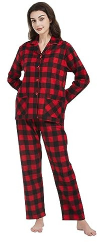 Amaxer Ensemble de Pyjamas Chauds en Flanelle pour Femmes 100% Coton Ensembles de Pyjamas d'automne et d'hiver, Carreaux Rouges et Noirs, XL