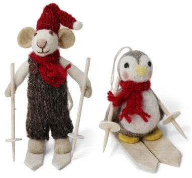Gry & SIF Dekofiguren Skifreunde-Set aus Filz | handgemachte Weihnachts-deko, Tier-Figuren, Wohnzimmer-Deko, Apres-Ski-Figuren | Maus und Pinguin auf ca. 12 cm