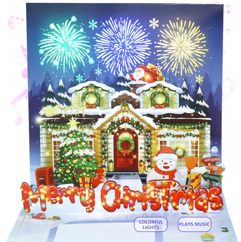 DTESL Musik-Weihnachtskarte mit Feuerwerk-Licht und Musik, 3D-Pop-Up-Weihnachtskarte, dekoriertes Haus, Musikspiel We Wish You a Merry Christmas – Begleitung, beeindruckt Liebhaber (blau)
