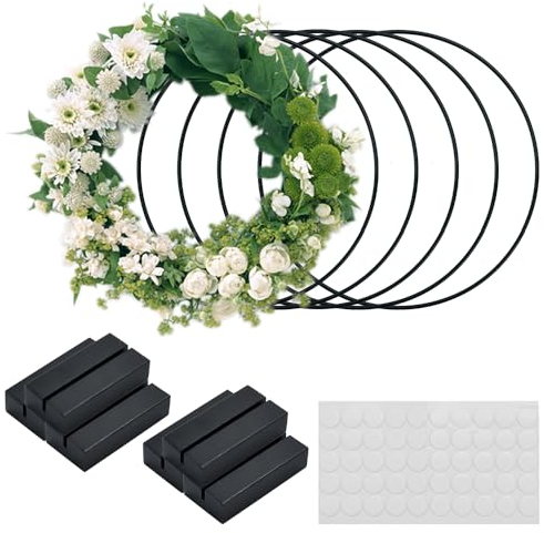 CAREDGO Metallringe Zum Basteln, 6 Stück Kranzringe 20cm Dekoringe Metall Drahtringe mit 6pcs Holzständer und 50pcs Anti-Rutsch-Gummipartikel Blumenreifen Traumfänger Ringe Deko Kranz Metall für DIY