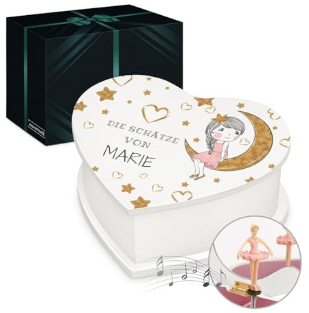 Maverton Herz Schmuckkästchen mit Aufdruck - Schmuckschatulle mit Spieluhr Ballerina - Musikschmuckdose in Herzform für Mädchen - Jewelkeeper zur Taufe - zur Erstkommunion - zum Geburtstag - Mond