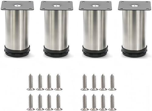 MIEGUIWOR 4 pièces Pied de Meuble,Pieds de Meuble Reglable Acier Inoxydable,Pied Meuble Salle de Bain Bureau Meuble Cuisine,Hauteur Réglable 0-15 mm,16 Vis Acier Inoxydable (Argenté,10cm)