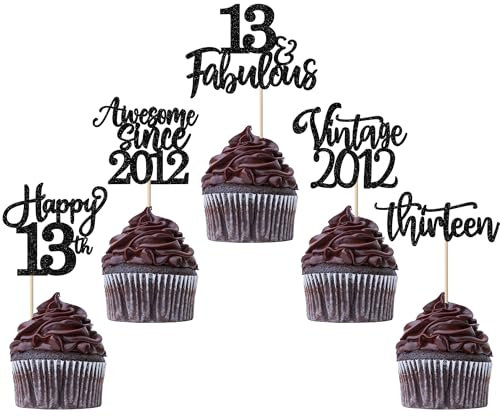 30 Stück Vintage 2012 Tortendeko Glitzer Happy 13th Thirteen Awesome Since 2012 Cupcake Toppers 13 Fabulous Kuchen Deko für 13. Geburtstag Hochzeitstag Party Kuchen Dekorationen Schwarz