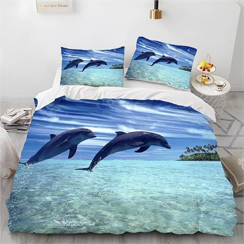 phonxia Bettwäsche 135x200 Delphin - Blau Bettbezug Set 135 x 200 cm, Weiche Atmungsaktiv Mikrofaser Reversibel Bettwäsche-Sets mit Reißverschluss, 2 Kissenbezug 80x80 cm