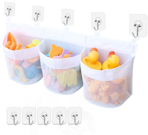 QINGHEC Badewannenspielzeug Aufbewahrungstasche, Baby Badewanne Spielzeug, Aufbewahrung Badewannennetz für Spielzeug, Kinder Badespielzeug Aufbewahrung Netz Mit 5 Haken für Bäder-Weiß