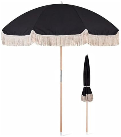 CNHRFGVD Sombrilla de playa con flecos 200cm,Sombrilla gótica negra para vacaciones,Sombrilla de jardín portátil,Protección UV,Sombrilla de exterior para balcón,terraza,patio