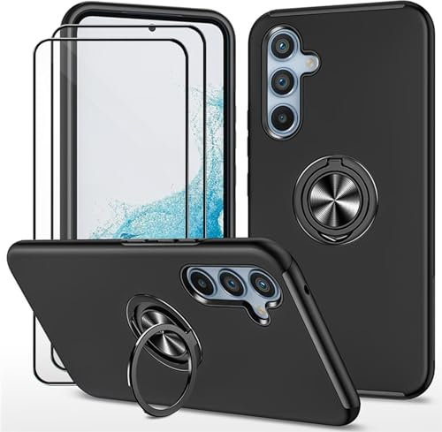 Dechyi Coque pour Samsung Galaxy A55 5G (6.6) et 2 pièces Verre trempé Housse Etui Support de Bague résistant aux Chocs résistant aux Rayures PC Silicone Heavy Duty Robuste Durable-Noir