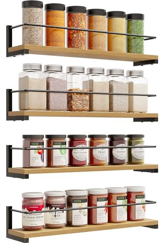 OROPY Étagère à Épices en Bois de Pin, Lot de 4, Porte-épices Murale, Étagère de Rangement de Cuisine pour Épices, Canettes, Pots, Ustensiles de Cuisine – 40 x 9 cm