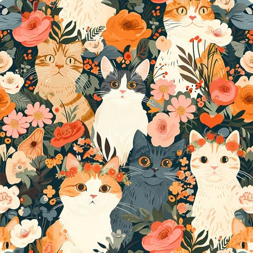 REDAMANCY Cute Dark Grey/Black/Beige Cat Pink Orange Flowers Garden Peel and Stick Wallpaper Stick on Contact Paper Vintage Wall Paper Easy Peel Off for nightstand Drawer Cabinet Renter
