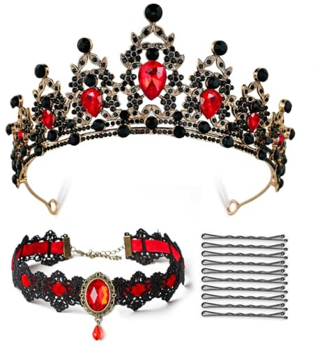 Krone Damen mit Gothic Halsband, Rot Kristallkrone, Gothic Krone, Vintage Krone, Queen Tiara Krone, für Hochzeit, Abschlussball, Halloween, Party, Karneval