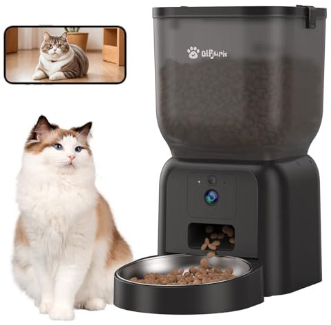 Olfjurk Automatic Dog Feeder with Camera, WiFi Cat Food Dispenser, Programmable Cat Feeder, HD Camera for Voice and Video Recording (Black)