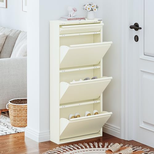 VEEHAUS Schuhregal Schmal Metall Schuhschrank Hoch Schuhkipper mit Magnetische Abdeckung Metall Montiert Schuhschrank Schmal und Wandmontage (Creme Farben, 3+1 Klappen)