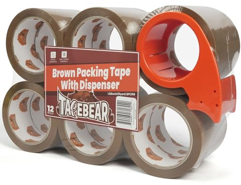 TAPEBEAR Ruban d'Emballage Marron avec Dispenseur - 66 µm d'Épaisseur, 48 mm x 50 m - Ruban Adhésif Résistant pour Cartons, Expédition et Stockage (Lot de 12 Rouleaux)