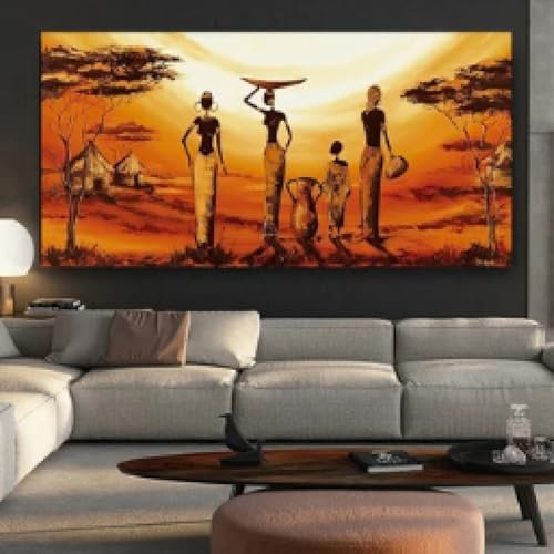 Einteiliges Ölgemälde mit afrikanischer Frau auf Leinwand, großformatige abstrakte Kunst, Wandbilder für Wohnzimmer, Vintage-Wohnkultur, 55 x 110 cm, mit Rahmen