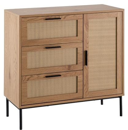 KADIMA DESIGN Kommode 80x82x36 cm Flurkommode Eiche-Dekor & Rattan | Sideboard mit DREI Schubladen und Tür | Kommodenschrank Modern | Standschrank Anrichte Schubladenkommode