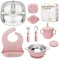 CLDY Baby 7 Pcs Stainless Steel Weaning Set - Silicone Feeding Set - Sectioned Plate - Suction Bowls - Straw Cups & Lids - Spoons - Bib - Non-Slip - BPA-Free - for Toddlers & Baby Gift (Pink)
