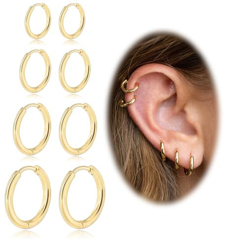 4 Paar Ohrringe Gold Silber Set Medizinische Chirurgenstahl Creolen Damen Herren Hypoallergen Ohrringe Edelstahl Dünn Creolen Klein Für Helix Piercing für Männer 6mm 8mm 10mm 12mm(Gold 1.6mm Thin)
