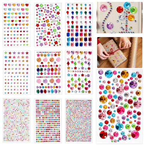 2500 Stück Glitzersteine Selbstklebend, Bunte Strasssteine Selbstklebend in Verschiedenen Formen & Größen, Glitzer Sticker zum Basteln, für Gesicht Körper Nägel Handwerke Fotorahmen und Grußkarten