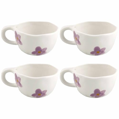 myGrtfam Handmade Ceramic Coffee Mugs and Saucer Set of 4, Cute Personalized Textured Surface Comfortable Handle for Latte, Tea 8.5 oz/250 ml (Purple Flower)