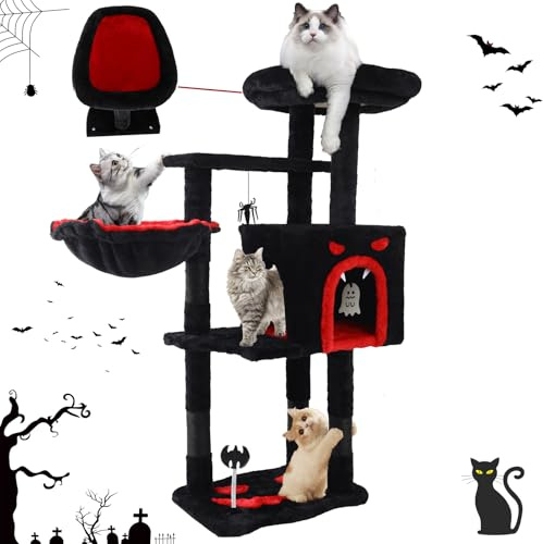 Gothic Cat Tree for Indoor Cats Large Adult, 40.5 Goth-Cat Trees Tower with Coffin Bed,Scratching Post, Cat-Condo,Cat-Furniture Towers with Hammock, Tall Black Kitten Tree with Halloween Hanging Toys