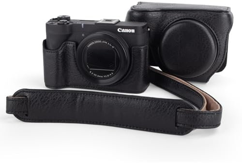 MUZIRI KINOKOO Camera Case for Canon Powershot V1 Vlog Camera, PU Leather Dermatoglyph Protective Cover for Canon V1, Detachable Carrying Case with Adjustable Shoulder Strap - Black