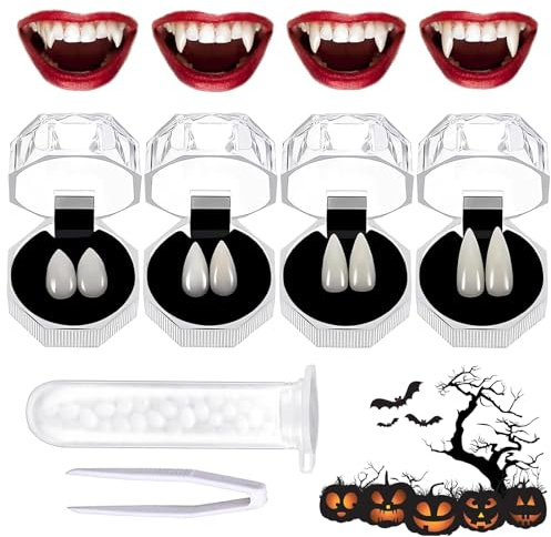 GUIANLOU Halloween Vampir Zähne 4 Paar Vampir Fangs Kit mit Pellets Kleber Halloween Vampirzähne Vampire Fangs Vampire Teeth Halloween Für Cosplay,Requisiten,Halloween,Dämon,Hexe.