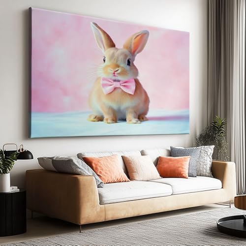 Leinwand Bilder HD Tier Hase Fliege Porträt, 120 x 80 cm Leinwandbilder - Bild auf leinwand - Wandbild XXL groß Wandbilder für Wohnzimmer Schlafzimmer Badezimmer Wohnzimmerbilder