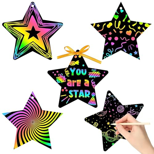 24pcs Star Scratch Art Paper, Rainbow Scratch Cards with Stylus for Kids