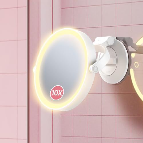Benbilry Suction Cup Magnifying Mirror with Light 10X, Wall Mounted Makeup Mirror with Suction Cup for Bathroom, 3 Color Lights and Adjustable Brightness, 2 in 1 Tabletop for Desk - White