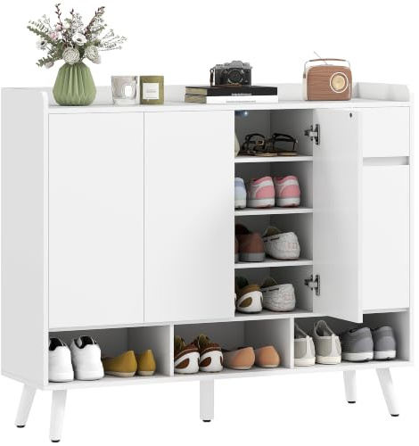 HOMCOM Schuhschrank mit 4 Tür, Druck-zum-Öffnen 120 x 35 x 100 cm Weiß | Schuhregal Schuhkommode, 4 Verstellbaren Ablagen, Schublade, Schuhaufbewahrung, Holzbeine